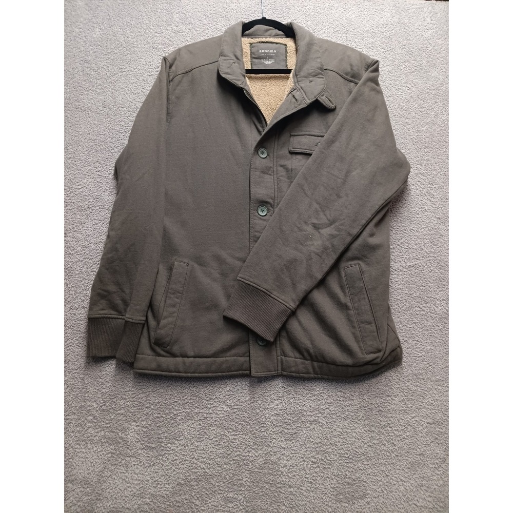 Sonoma Life + Style Sherpa Lined Chore Jacket Men's L Olive Cotton Blend Buttonâ